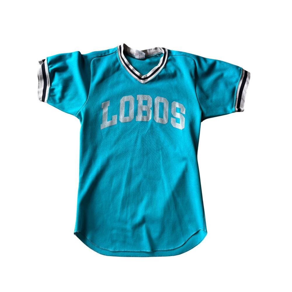 VTG Lobos Baseball Team Wilson USA Made S Teal Blue Poly Silver Printed Jersey